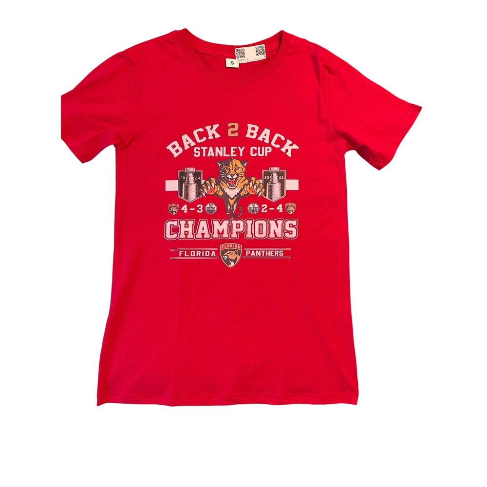 Florida Panthers Back 2 Back Stanley Cup Champions T-Shirt Red Womens Small‎